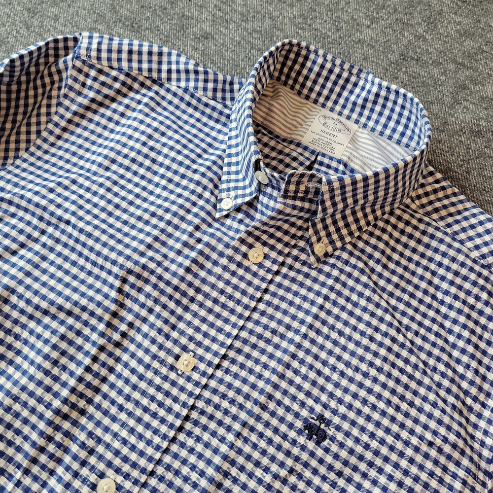Brooks Brothers Shirt Mens Medium Regent Blue Gingham Check Non Iron Supima OCBD